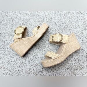 Women Boutique Rattan Boho Woven Wedges Sandals Soda Tan Size 7.5